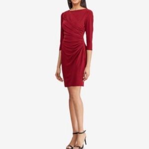 Lauren Ralph Lauren Womens Red Dress Cocktail Party Ruched 10 Preppy Minimalist